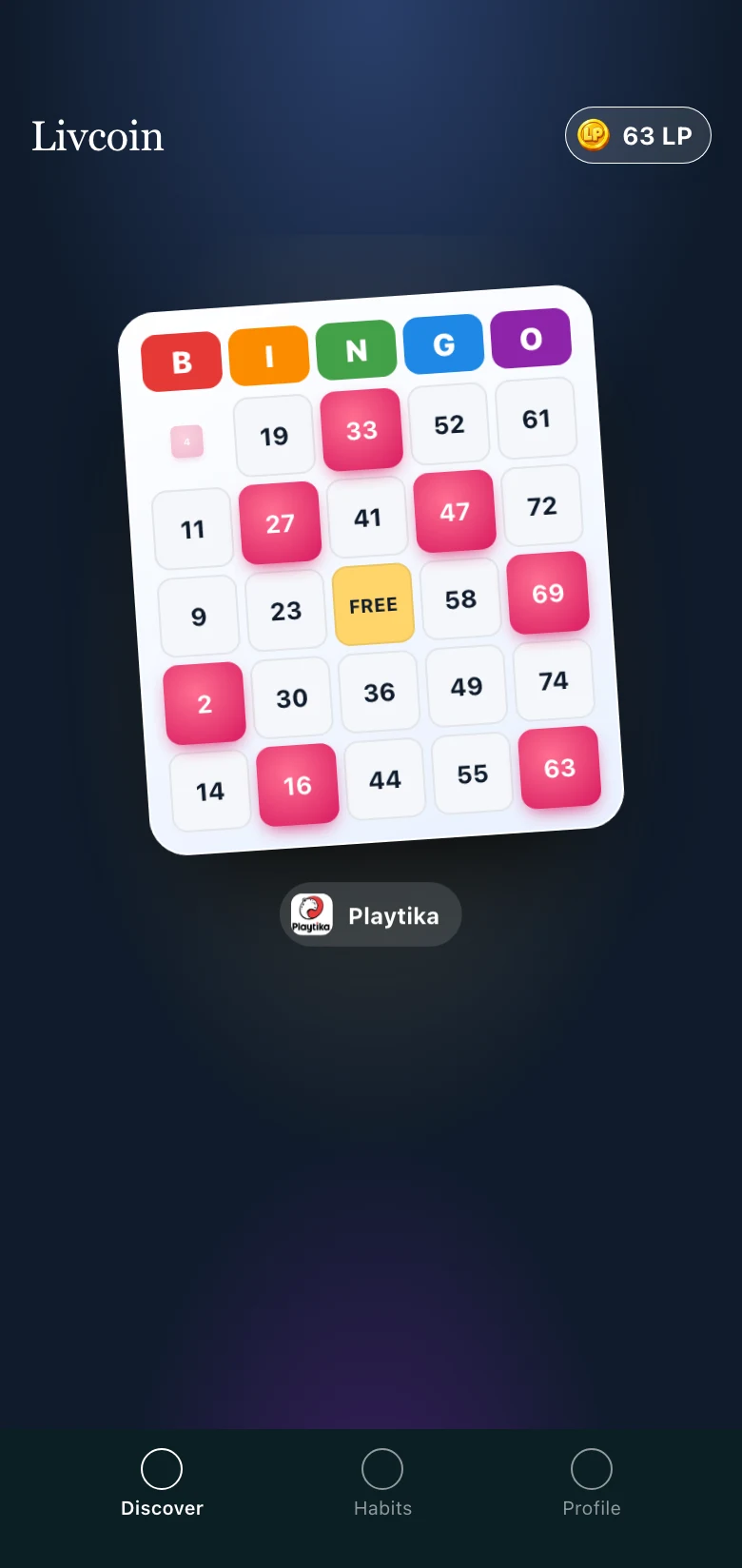 A Bingo Blitz offer in the Livcoin feed: 25 bingo credits for 30 LP.