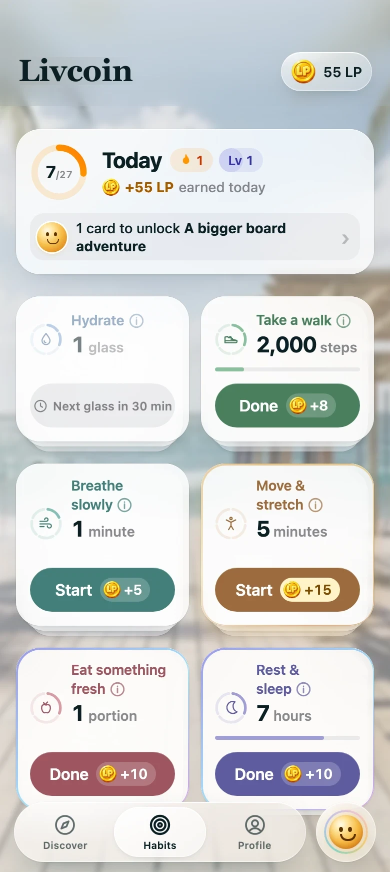The Livcoin Habits screen: today's progress ring with a streak and level, six colorful habit tasks, each with its next small step, the LifePoints it earns and a Start or Done button.