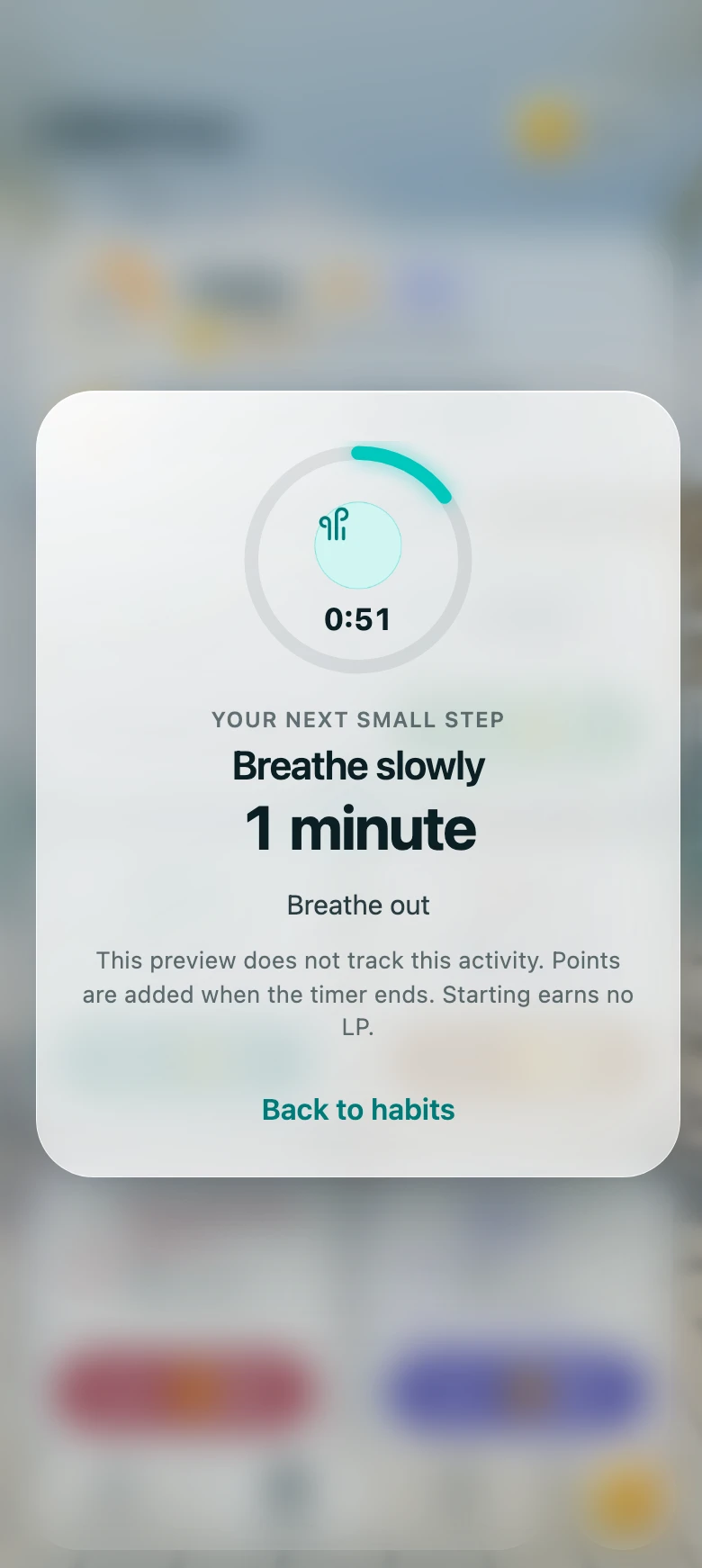 A Breathe slowly session in progress: a timer ring at 0:51, the cue Breathe out, and a note that points are added when the timer ends.